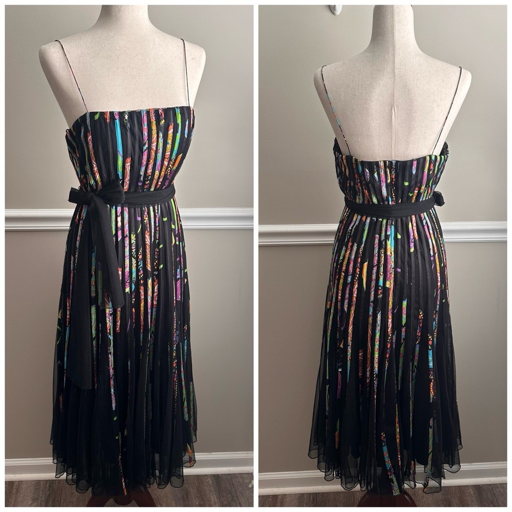 Issue Y2K Dress 16 Black Mesh Multicolor Ribbon Pleated Whimsigoth Midi Fairy